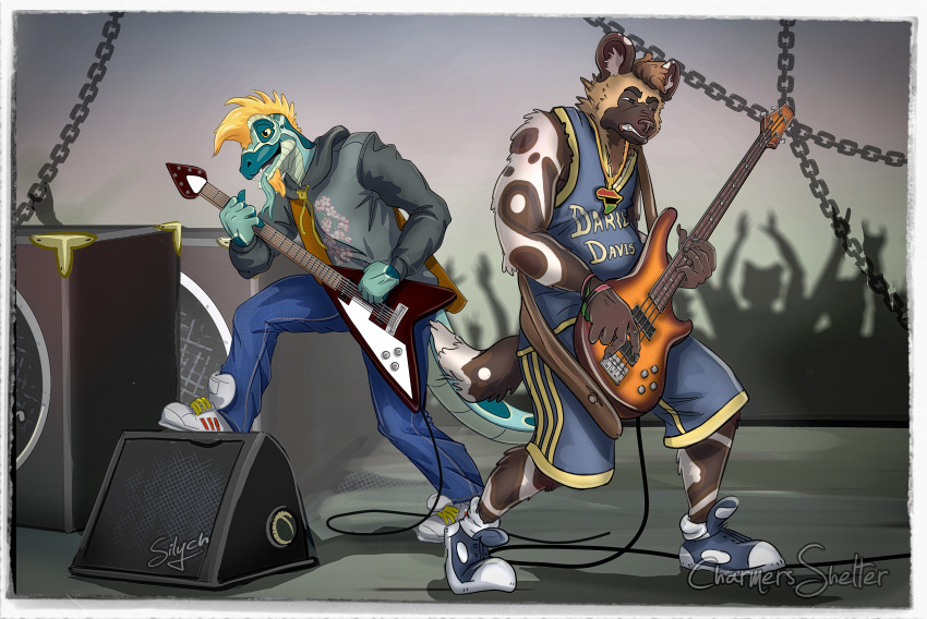 absurd_res african_wild_dog amplifier andre_taslim anthro bass_guitar beard belly black_nose blonde_hair blue_tongue bottomwear bracelet brown_body brown_fur canid canine canis chain charmersshelter chubby_male clothed clothing crowd darius_davis detailed_background digital_media_(artwork) duo facial_hair flying_v footwear frohawk fur goatee group guitar hair hi_res holding_object hoodie jewelry komodo_dragon lizard male mammal monitor_lizard multicolored_body multicolored_fur musical_instrument necklace outside playing_guitar playing_music plucked_string_instrument reptile scalie shirt shoes slightly_chubby smile sneakers string_instrument text text_on_clothing text_on_shirt text_on_tank_top text_on_topwear tongue topwear