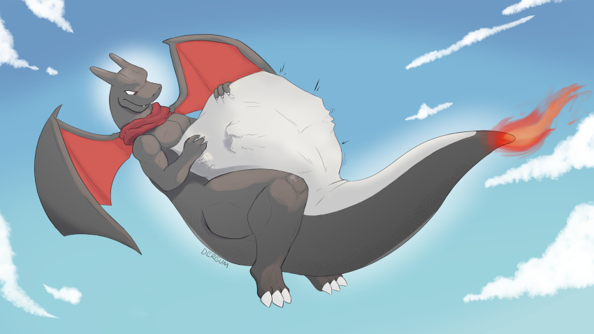 16:9 4k abdominal_bulge absurd_res after_vore ambiguous_gender ambiguous_prey belly big_belly charizard dergum digital_drawing_(artwork) digital_media_(artwork) dragon fangs feral fire flying grey_body hi_res holding_belly lizard looking_at_self male male_pred mostly_nude motion_lines muscular muscular_feral muscular_male muscular_thighs nintendo open_mouth outside pok&eacute;mon pok&eacute;mon_(species) red_eyes reptile scalie scarf simple_background sky soft_vore solo thick_tail unseen_character video_games vore white_belly widescreen wings