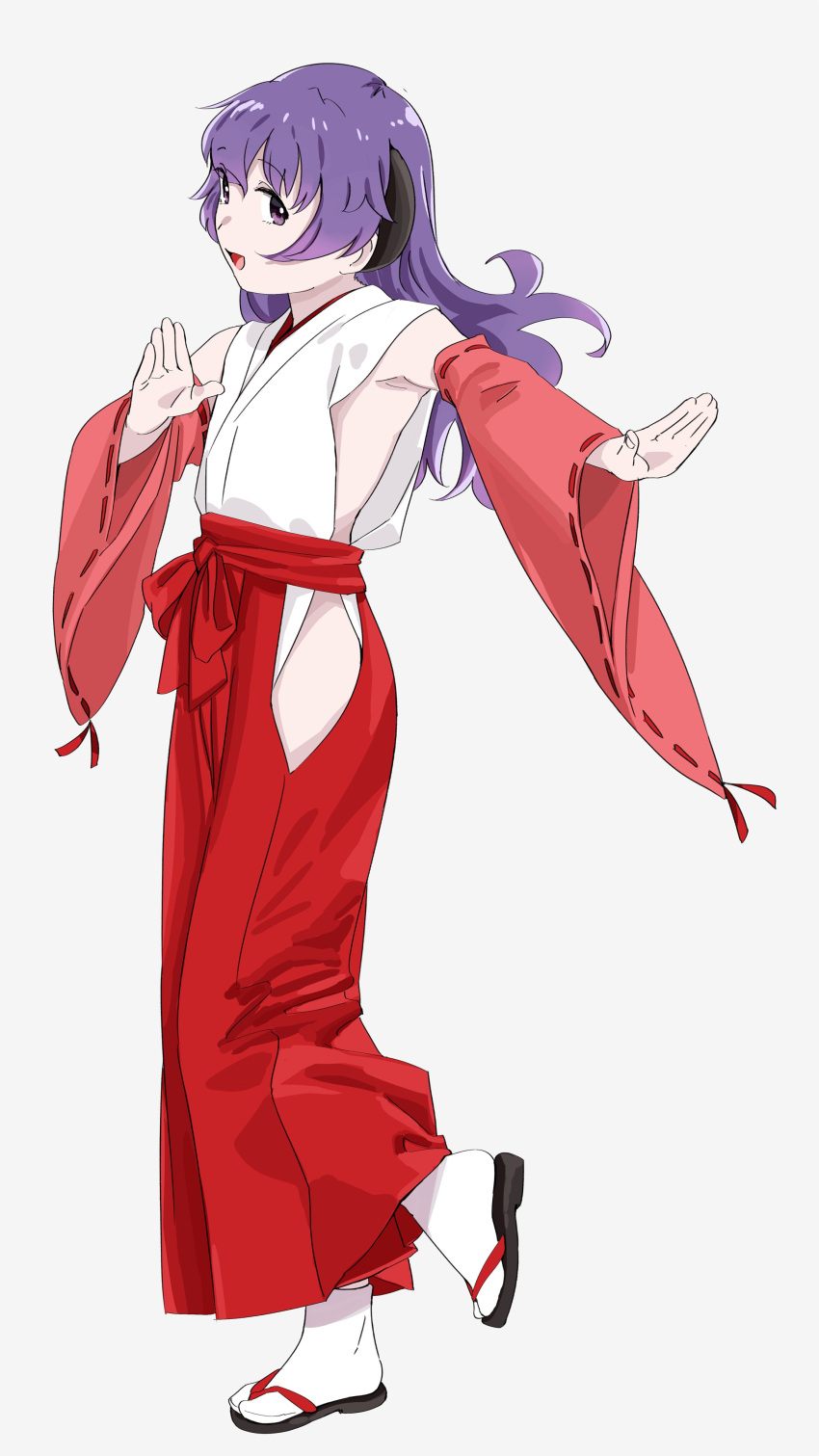 1girl absurdres detached_sleeves full_body grey_background hakama hanyuu highres higurashi_no_naku_koro_ni horns japanese_clothes long_hair miko ojipon purple_eyes purple_hair red_hakama sandals simple_background socks solo white_legwear