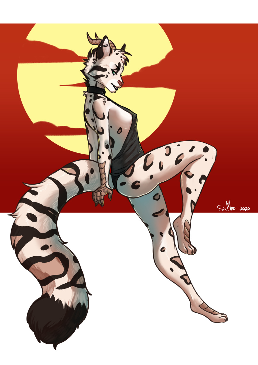 absurd_res anthro breasts collar dire_leopard female hi_res horn piercing pinup pose scales side_boob side_view sirmeo solo spots sya_ruusa