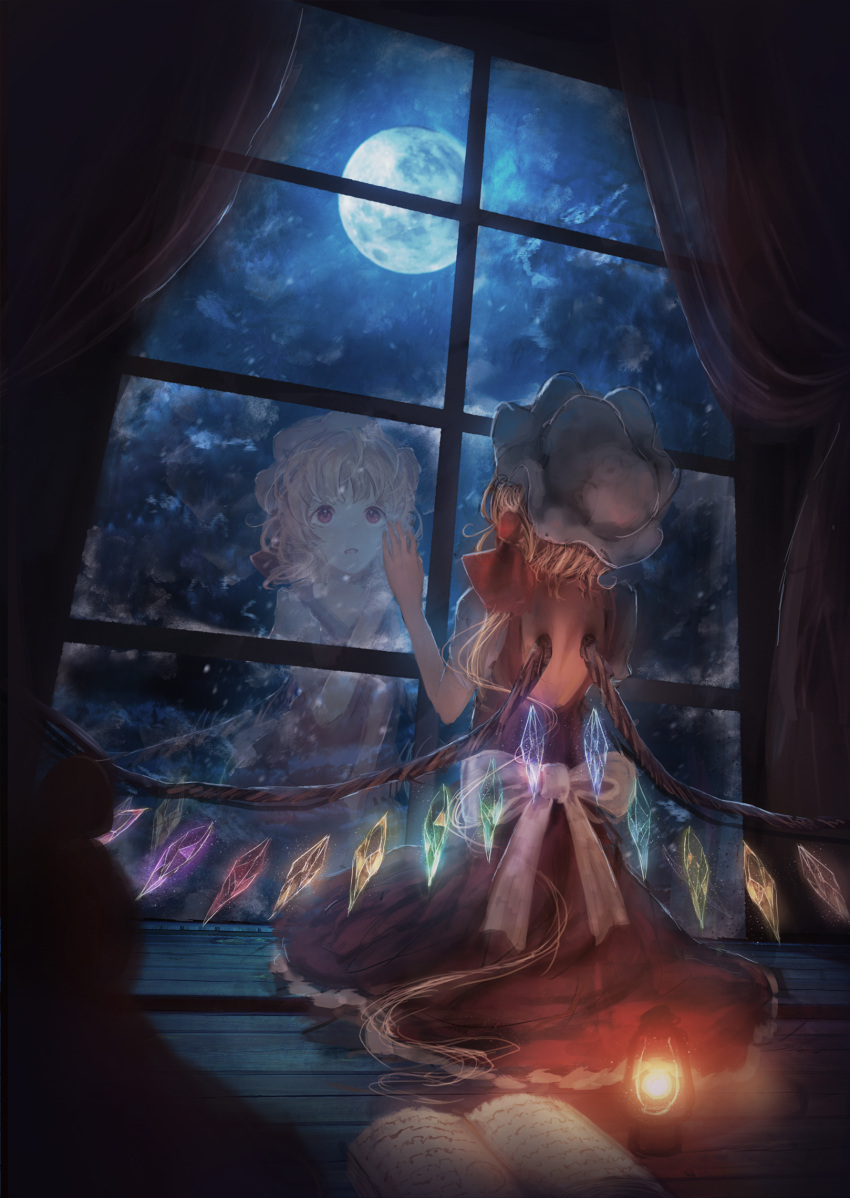 1girl alternate_costume arms_up backless_dress backless_outfit blonde_hair book cloud cloudy_sky curtains dress flandre_scarlet from_behind full_body hair_ribbon hands_on_window hat highres indoors lantern looking_out_window looking_up mob_cap night one_side_up open_book open_mouth puffy_short_sleeves puffy_sleeves red_dress red_eyes reflection ribbon sash short_sleeves sitting sitting_on_floor sky solo tonan_(l0l0l0l0l0l) touhou white_headwear white_sleeves window wings wooden_floor