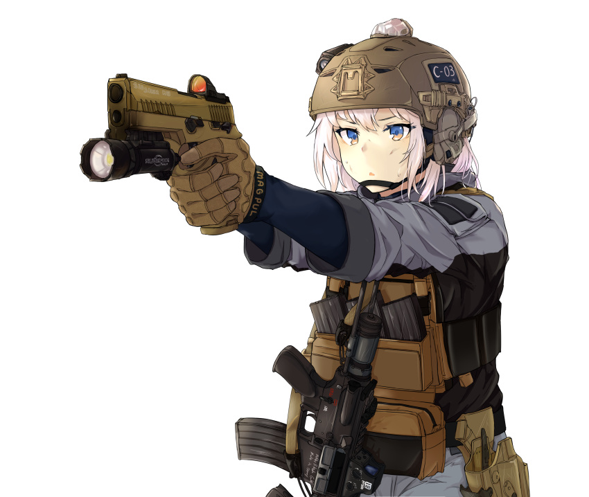 1girl absurdres assault_rifle blue_eyes blue_shirt brown_gloves chin_strap clov3r commentary gloves grey_jacket gun h&amp;k_hk416 handgun helmet highres holster jacket korean_commentary load_bearing_vest magazine_(weapon) military mixed-language_commentary original parted_lips pink_hair pistol rifle scope shirt short_hair sig_sauer sig_sauer_p320 simple_background solo sweat tactical_clothes weapon white_background