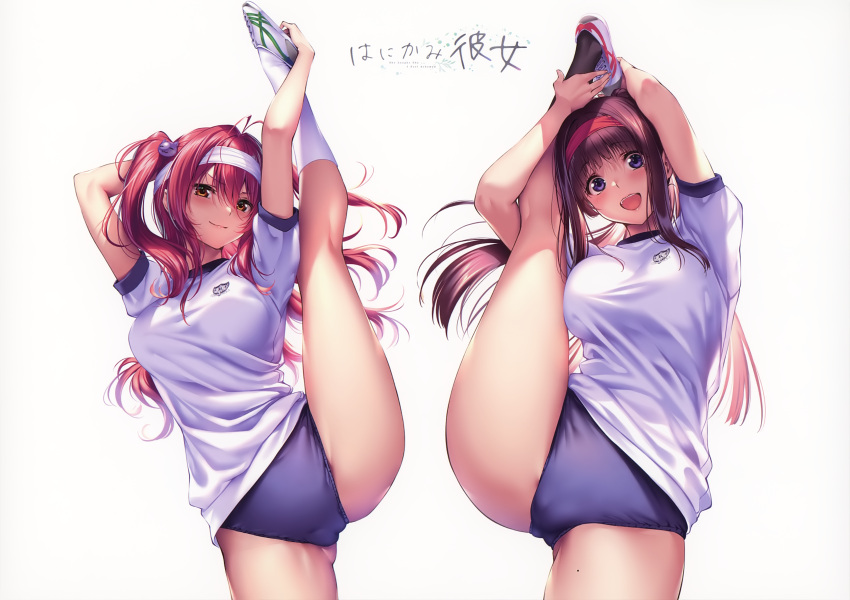 2girls cameltoe gym_uniform long_hair piromizu scan spread_legs translation_request white