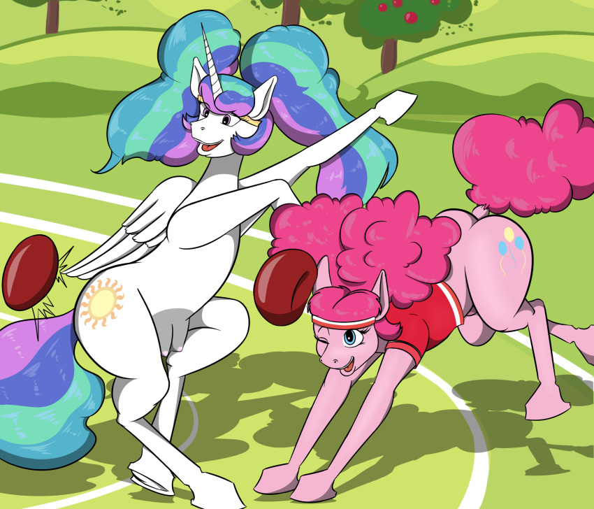 clothed clothed_feral clothing cutie_mark duo equid equine feathered_wings feathers female feral friendship_is_magic fur hair hi_res hooves horn mammal multicolored_hair my_little_pony pink_body pink_fur pink_hair pinkie_pie_(mlp) princess_celestia_(mlp) rainbow_hair sailoranna sports_ball sweatband unicorn_horn white_body white_fur winged_unicorn wings