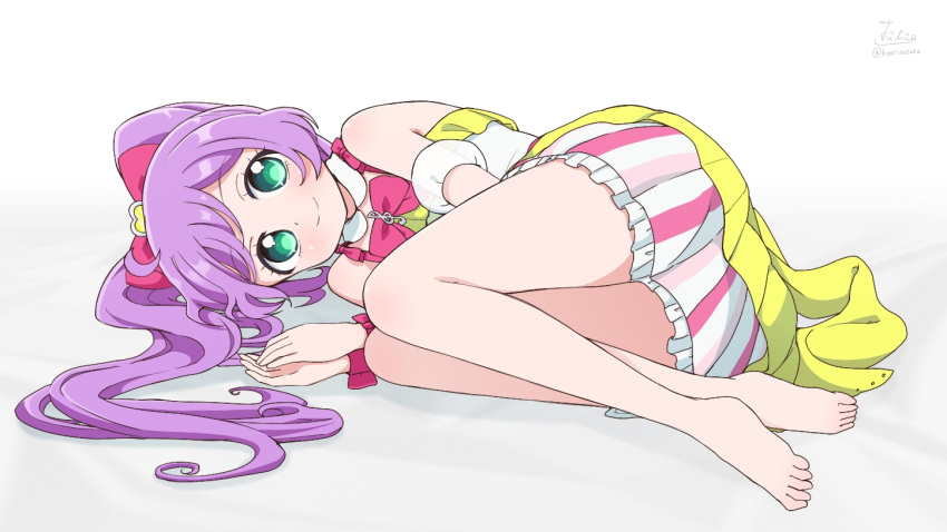 1girl bare_legs bare_shoulders barefoot blush bow bowtie commentary_request detached_sleeves dress eyebrows_visible_through_hair fetal_position green_eyes hair_bow hair_ornament heart heart_hair_ornament idol long_hair looking_at_viewer lying manaka_lala on_side pink_bow pretty_(series) pripara purple_hair see-through_sleeves signature simple_background smile solo spaghetti_strap tata_(tataice) treble_clef twintails twitter_username white_background wrist_bow