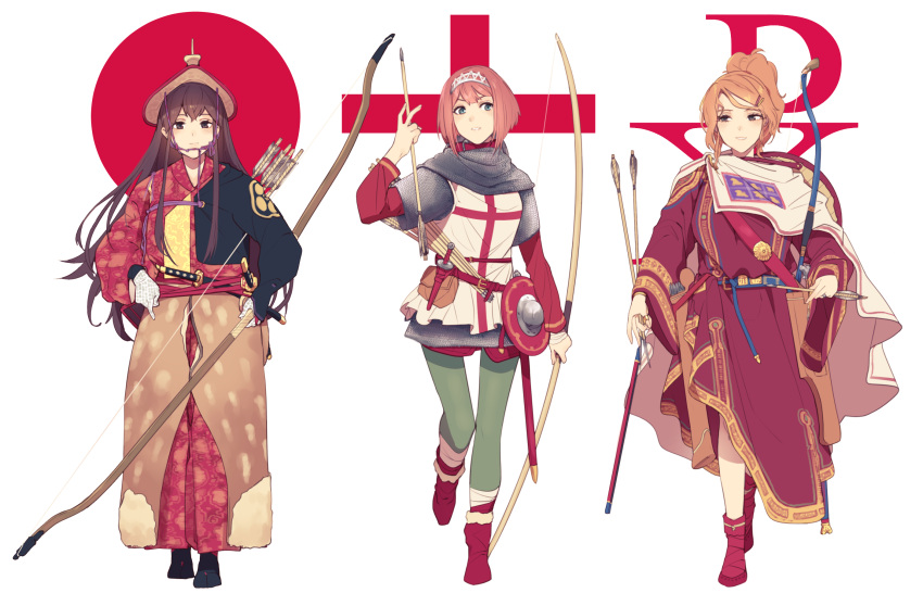 3girls akagi_(kantai_collection) alternate_costume aquila_(kantai_collection) ark_royal_(kantai_collection) arrow_(projectile) bitchcraft123 blue_eyes blush bow_(weapon) brown_eyes brown_hair closed_mouth full_body gloves hair_between_eyes hair_ornament hairband hairclip high_ponytail highres kantai_collection long_hair long_sleeves multiple_girls open_mouth orange_hair red_hair sheath sheathed shield short_hair smile tiara weapon white_background white_gloves yumi_(bow)