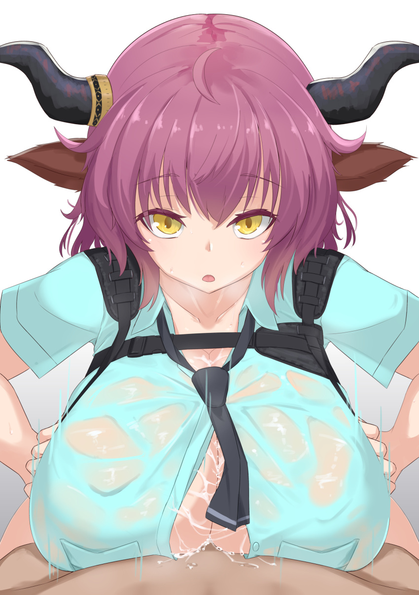 1boy 1girl absurdres animal_ears arknights black_neckwear blue_shirt breasts cleavage collarbone cow_ears cum cum_on_body cum_on_breasts hetero highres horns huge_breasts leginfs_(ppppriver) looking_at_viewer necktie paizuri purple_hair see-through shirt short_hair short_sleeves sideroca_(arknights) simple_background solo_focus wet wet_clothes wet_shirt white_background yellow_eyes