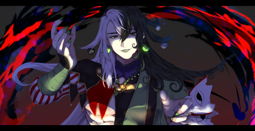 1boy abs ashiya_douman_(fate) asymmetrical_clothes asymmetrical_hair bell black_eyes black_hair close-up curly_hair earrings energy fate/grand_order fate_(series) fingernails green_eyeshadow green_kimono green_lipstick green_nails hair_bell hair_between_eyes hair_intakes hair_ornament highres japanese_clothes jewelry kimono light_smile lipstick long_hair looking_at_viewer magatama magatama_earrings makeup male_focus multicolored_hair open_clothes open_kimono pectorals ribbed_sleeves sharp_fingernails shikigami solo toned toned_male tsuruko_(2884807) two-tone_hair upper_body very_long_fingernails very_long_hair white_hair