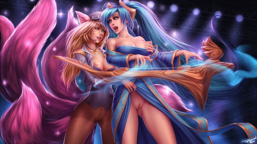 ahri animal_ears asian_clothes breast_hold breasts kitsune league_of_legends nipples no_bra nopan pantyhose personal_ami pussy see_through skirt_lift sona_buvelle tail uncensored uniform yuri