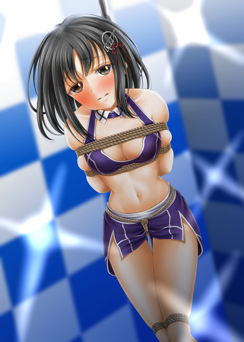 1girl arms_behind_back bangs bare_shoulders bdsm bikini bikini_top black_hair blurry blurry_background blush bondage bound breasts brown_eyes cleavage closed_mouth collarbone commentary_request crop_top crotch_rope detached_collar eyebrows_visible_through_hair groin haguro_(kantai_collection) hair_between_eyes hair_ornament highres kantai_collection looking_at_viewer medium_breasts midriff navel nose_blush purple_bikini purple_shorts race_queen short_hair shorts sidelocks skindentation solo standing swimsuit tears tied_up tsutsuo_rashin