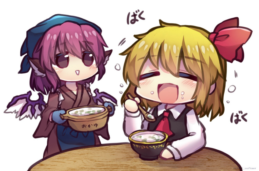 2girls animal_ears apron ascot bird_ears bird_wings black_vest blonde_hair blue_apron blue_bandana blue_gloves blue_headwear bowl brown_eyes brown_kimono closed_eyes eating eyebrows_visible_through_hair food gloves hair_between_eyes hair_ribbon holding holding_spoon japanese_clothes kimono long_sleeves looking_at_another multiple_girls mystia_lorelei okamisty open_mouth pink_hair red_neckwear red_ribbon ribbon rumia shirt simple_background sitting smile spoon standing table touhou unime_seaflower vest waist_apron white_background white_shirt white_wings wings
