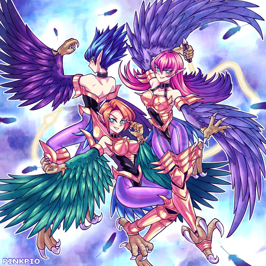 3girls absurdres artist_name bare_shoulders blue_hair breasts choker claws cleavage clip_studio_paint_(medium) derivative_work duel_monster energy_whip english_commentary feathered_wings feathers gradient_hair green_eyes green_feathers harpie_lady harpie_lady_#1 harpie_lady_#2 harpie_lady_#3 harpie_lady_sisters harpy highres long_hair medium_breasts monster_girl multicolored_hair multiple_girls orange_hair pink_hair pinkpio1 pointy_ears purple_feathers purple_hair short_hair siblings sisters spiked_hair talons very_long_hair whip winged_arms wings yu-gi-oh!