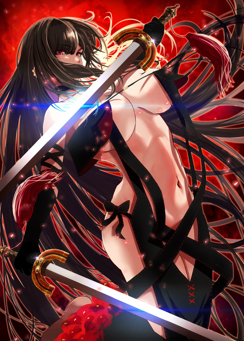 1girl absurdres arm_strap bangs bare_shoulders black_dress black_gloves blush breasts brown_eyes brown_hair center_opening choker cleavage collarbone consort_yu_(fate) dress earrings elbow_gloves fate/grand_order fate_(series) gloves highres jewelry large_breasts long_hair looking_at_viewer multiple_earrings navel red_eyes ribbon-trimmed_dress shibao_aoyama sword thighs very_long_hair weapon