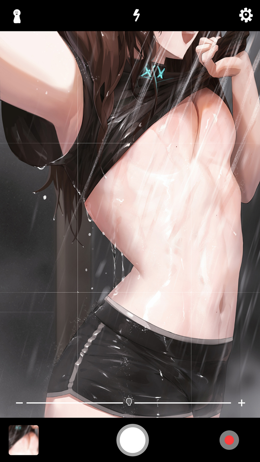 1girl :d angelina_(arknights) arknights armpit_peek bike_shorts black_shirt black_shorts breasts brown_hair cowboy_shot futanari head_out_of_frame highres lifted_by_self long_hair mo_ne mole mole_on_breast mole_on_stomach navel no_bra open_mouth outstretched_arm rain self_shot shirt shirt_lift short_sleeves shorts smile solo stomach underboob wet