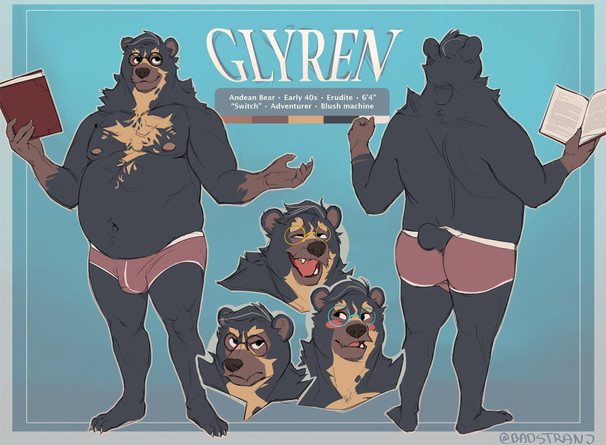 2021 anthro belly black_body black_fur blush book bulge butt clothing english_text eyes_closed eyewear fur glasses humanoid_hands male mammal model_sheet moobs navel nipples overweight overweight_anthro overweight_male solo spectacled_bear strange-fox text tremarctine underwear ursid