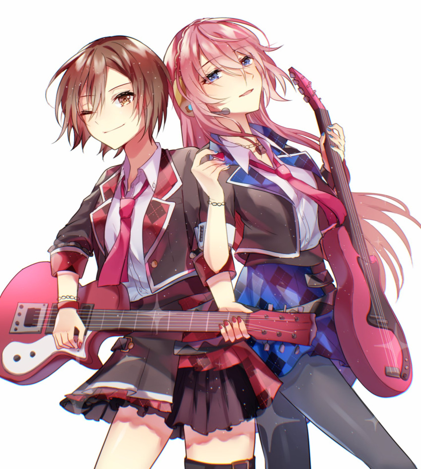 2girls aryuma772 black_jacket black_skirt blue_eyes blue_skirt bracelet brown_eyes brown_hair commentary cowboy_shot electric_guitar guitar headphones headset highres holding holding_instrument holding_plectrum instrument jacket jewelry long_hair looking_at_viewer megurine_luka meiko miniskirt multiple_girls necktie one_eye_closed pantyhose parted_lips pink_hair plectrum project_sekai red_neckwear shirt short_hair side-by-side skirt smile standing vocaloid white_background white_shirt