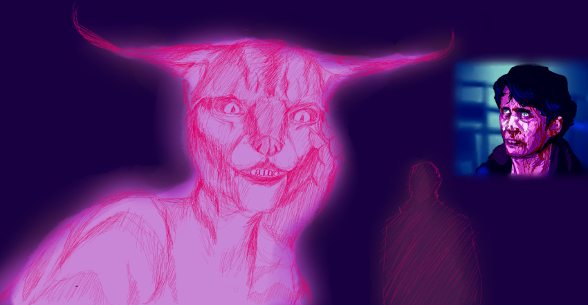 anthro bethesda_softworks blade_runner blade_runner_2049 blue_eyes duo eye_contact felid female fur general_proton hologram human humanoid khajiit looking_at_another male male/female mammal morrowind pink_body pink_fur pretty_kitty simple_background the_elder_scrolls todd_howard video_games