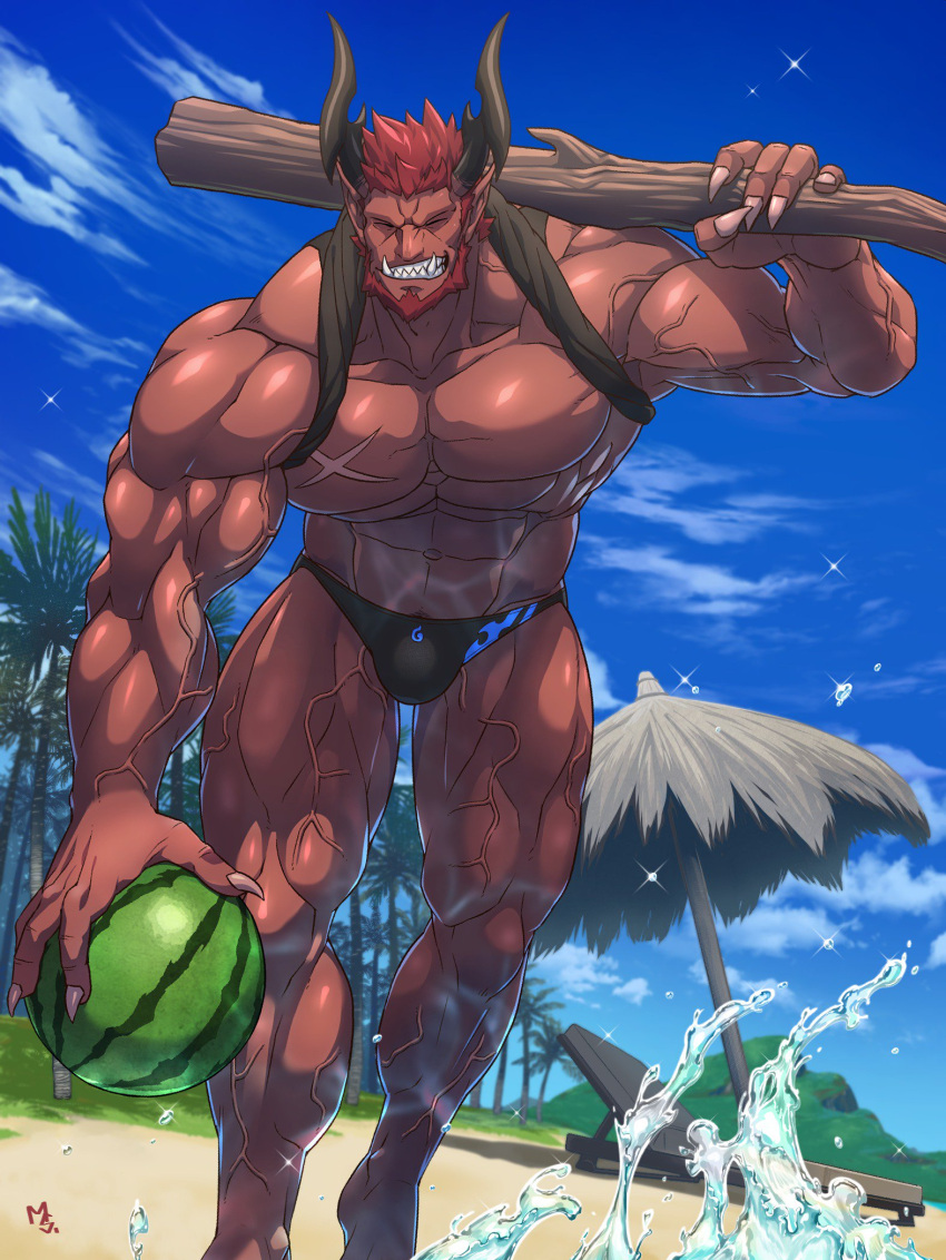 1boy abs bara bare_pecs beard bulge character_request copyright_request dark_skin dark_skinned_male day demon_horns facial_hair fangs feet_out_of_frame fingernails food fruit highres horns male_focus male_swimwear monster_boy muscular muscular_male musou_luf navel navel_hair nipples outdoors over_shoulder pectorals scar scar_on_chest sharp_fingernails shirt_around_neck short_hair sky smile solo splashing stick stomach swim_briefs swimwear thick_thighs thighs veins water watermelon weapon weapon_over_shoulder wood