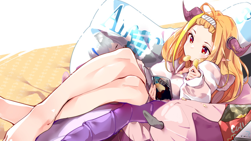 1girl ahoge alternate_costume alternate_hairstyle anal_tail asacoco bangs bangs_pinned_back barefoot blonde_hair book breasts chair chips commentary_request crossed_ankles crumbs dakimakura_(object) dragon_girl dragon_horns dragon_tail eating eyebrows_visible_through_hair fake_tail food hairband highres holding hololive horns kiryuu_coco large_breasts long_hair long_sleeves looking_at_object mouth_hold multicolored_hair orange_hair pillow pointy_ears potato_chips reading red_eyes simple_background sitting sleeves_past_wrists streaked_hair striped striped_hairband stuffed_toy sweater tail virtual_youtuber white_sweater yuyaiyaui