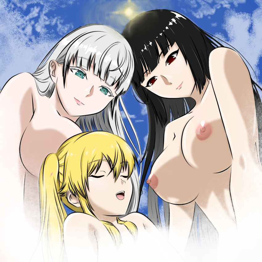 3girls commentary english_commentary highres jabami_yumeko kakegurui momobami_kirari multiple_girls nipples nude saotome_meari