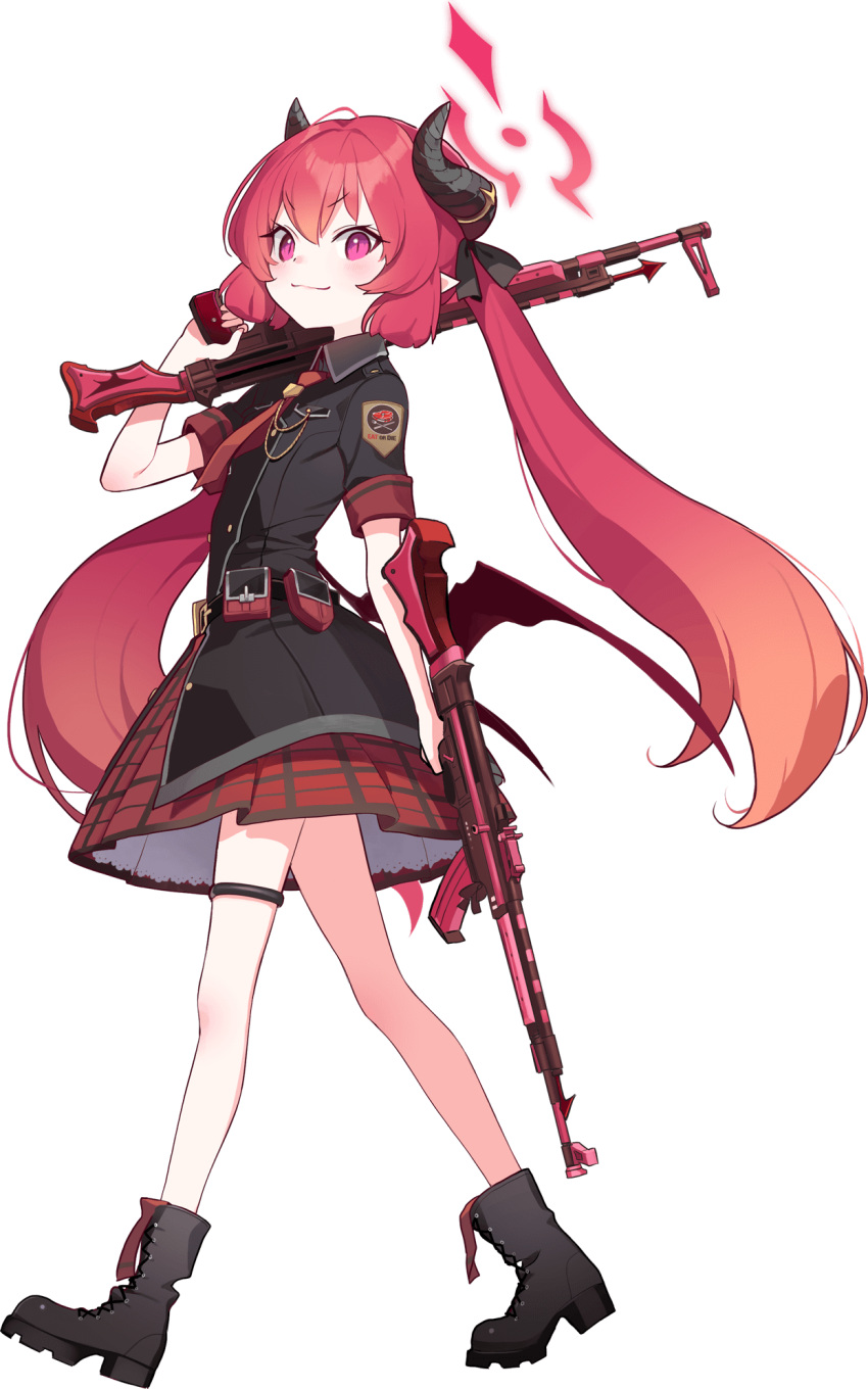 1girl assault_rifle blue_archive blush boots demon_girl demon_horns dual_wielding emblem full_body gun halo highres holding horns junko_(blue_archive) long_hair necktie official_art over_shoulder pleated_skirt purple_eyes red_hair rifle school_uniform skirt solo stg44 transparent_background twintails weapon weapon_over_shoulder