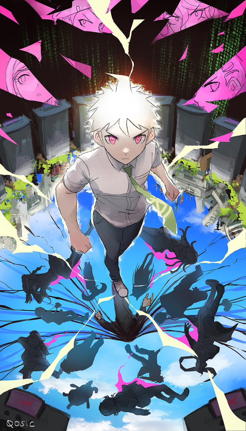 1boy ahoge artist_name bangs commentary danganronpa_(series) danganronpa_2:_goodbye_despair dated_commentary from_above glowing glowing_eyes hanamura_teruteru highres hinata_hajime hinata_hajime_(awakened) kamukura_izuru koizumi_mahiru komaeda_nagito kuzuryuu_fuyuhiko long_hair looking_at_viewer male_focus mioda_ibuki monomi_(danganronpa) nanami_chiaki nidai_nekomaru owari_akane pants pekoyama_peko purple_eyes qosic red_eyes saionji_hiyoko school_uniform shirt short_hair short_sleeves solo_focus sonia_nevermind souda_kazuichi spoilers tanaka_gandamu togami_byakuya tsumiki_mikan very_long_hair white_hair white_shirt