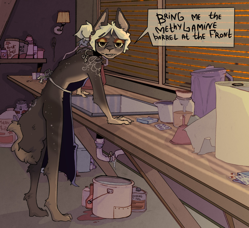 anthro apron apron_only breaking_bad brown_body canid canine canis clothing dialogue domestic_dog drugs furniture hair hi_res kasumibun lamp looking_at_viewer male mammal markings mostly_nude sage_kuwa salt sink solo speech_bubble table text white_hair window