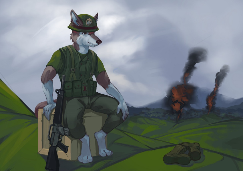 2020 anthro assault_rifle belt_pouch canid canine canis clothed clothing cloudscape crate detailed_background domestic_dog fire fur gun hill hillside husky inner_ear_fluff looking_down m16 male mammal military military_boots military_clothing military_helmet military_pants military_uniform mountain nordic_sled_dog pimpartist ranged_weapon red_body red_fur rifle sitting sky smoke solo spitz traditional_media_(artwork) tuft u.s._army uniform vietnam_war weapon white_body white_fur