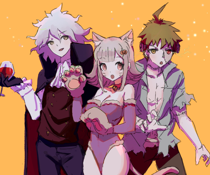 1girl 2boys :o ahoge alcohol animal_ears bangs black_cape black_gloves breasts brown_hair cape cat_ears cat_girl cat_paws cat_tail cleavage commentary cosplay cowboy_shot cup danganronpa_(series) danganronpa_2:_goodbye_despair detached_sleeves double-breasted drinking_glass elbow_gloves frankenstein's_monster frankenstein's_monster_(cosplay) fur_trim gloves grey_hair hair_ornament halloween_costume hand_up hinata_hajime komaeda_nagito large_breasts leotard light_brown_hair long_hair looking_at_viewer medium_hair multicolored_hair multiple_boys nanami_chiaki open_mouth orange_background paws pink_hair qosic red_cape short_hair sketch spiked_hair tail two-tone_hair vampire_costume wine wine_glass