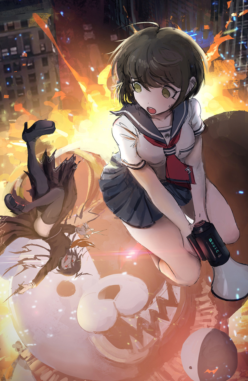 2girls ahoge ass bangs black_footwear black_hair breasts brown_hair city collarbone commentary danganronpa_(series) dated_commentary english_commentary explosion from_above genocider_shou glasses glowing glowing_eye highres holding holding_megaphone holding_scissors kneehighs large_breasts long_hair long_sleeves long_tongue looking_at_another megaphone monokuma multiple_girls naegi_komaru open_mouth pleated_skirt qosic sailor_collar school_uniform scissors serafuku shirt shoes short_hair skirt smile teeth thighhighs tongue tongue_out torn_clothes torn_skirt white_shirt