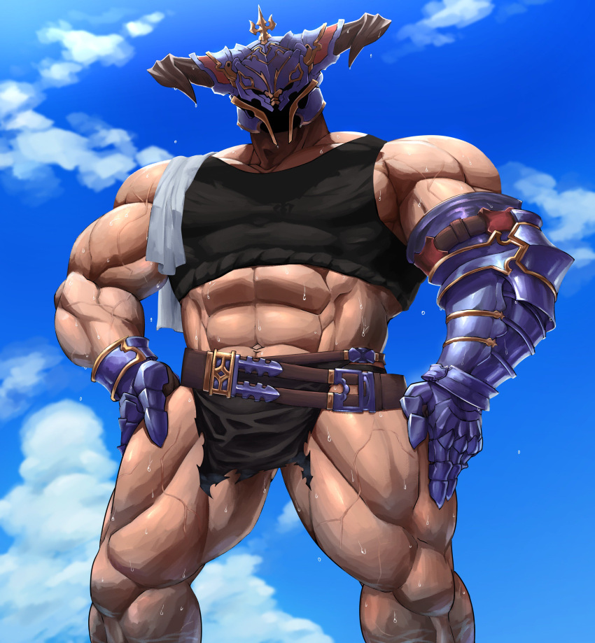 1boy abs absurdres alternate_costume bara bare_shoulders black_tank_top day draph facing_viewer feet_out_of_frame gauntlets granblue_fantasy helmet highres horns male_focus midriff muscular muscular_male musou_luf navel outdoors pectorals pelvic_curtain sky solo stomach tank_top thick_thighs thighs torn_clothes vaseraga veins wet wet_clothes