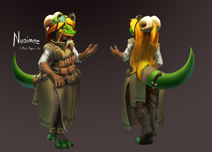 absurd_res alchemist anthro artificer blonde_hair clothed clothing cotton_paws_(artist) digital_media_(artwork) dungeons_and_dragons female fingers green_body green_scales hair hasbro hi_res kobold looking_at_viewer model_sheet reptile scales scalie scientist simple_background smile solo steampunk steampunk_goggles wizards_of_the_coast