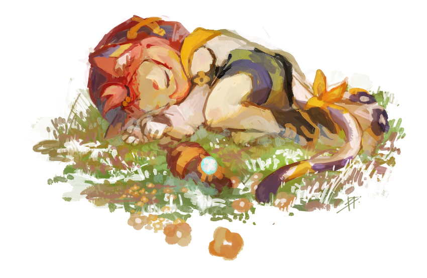 1girl animal_ear_fluff animal_ears aomidori_iro bangs_pinned_back beret black_footwear bow bridal_gauntlets calico cat_ears cat_tail cocktail_shaker diona_(genshin_impact) flower genshin_impact hat highres long_sleeves on_grass orange_flower pink_hair puffy_long_sleeves puffy_sleeves shirt shorts sleeping solo tail tail_bow tail_ornament vision_(genshin_impact) white_shirt yellow_bow