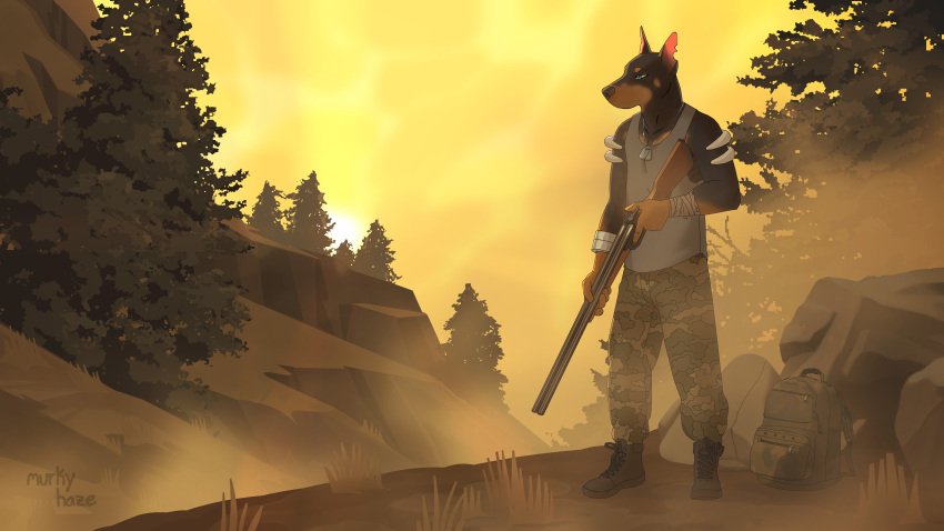 16:9 absurd_res anthro canid canine canis clothed clothing detailed_background digital_media_(artwork) dobermann dog_tags domestic_dog fur gun hi_res hunter_(shai_dreamcast) male mammal murkyhaze notched_ear outside pinscher ranged_weapon shotgun sky solo weapon widescreen