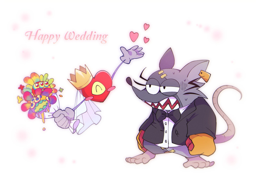 &lt;3 anthro black_tie_(suit) bouqet bow_tie clothing crown duo ear_tag english_text gloves handwear heart_(mad_rat_dead) hi_res mad_rat_(character) mad_rat_dead male mammal murid murine rat rodent sharp_teeth suit teeth text wayayu17 wedding
