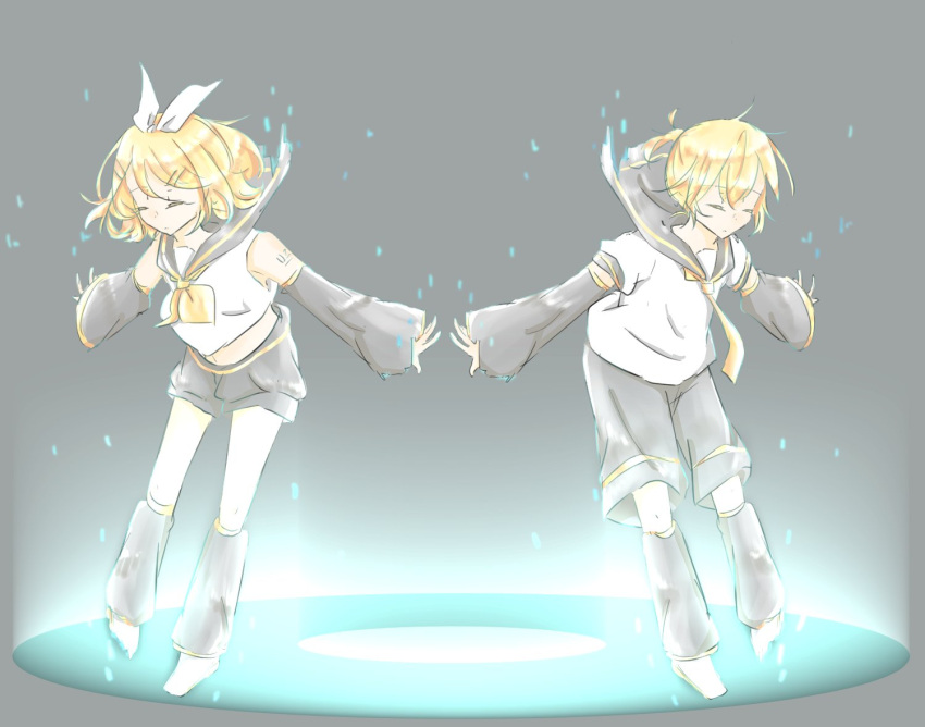 1boy 1girl ametani_kion arm_warmers bangs bare_shoulders blonde_hair bow closed_eyes collar commentary crop_top digital_dissolve full_body glowing grey_collar grey_shorts grey_sleeves hair_bow hair_ornament hairclip kagamine_len kagamine_rin leg_warmers materializing neckerchief necktie outstretched_arms sailor_collar school_uniform shirt short_hair short_ponytail short_shorts short_sleeves shorts shoulder_tattoo sleeveless sleeveless_shirt swept_bangs tattoo virtual_reality vocaloid white_bow white_shirt yellow_neckwear