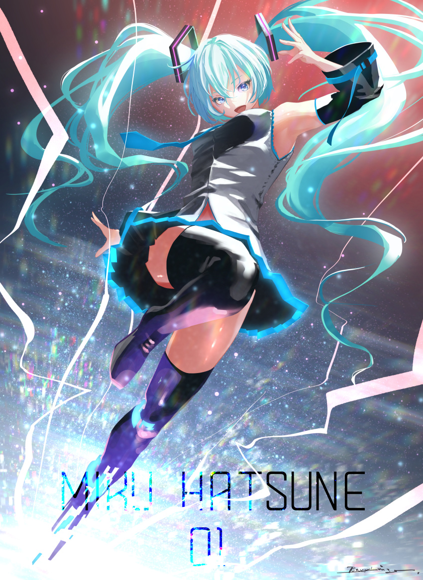 1girl absurdres aqua_eyes aqua_hair arm_up armpits bani-lizo bare_shoulders black_legwear black_skirt black_sleeves blue_neckwear character_name commentary detached_sleeves floating_hair glowing grey_shirt hair_ornament hatsune_miku highres huge_filesize leg_up long_hair looking_at_viewer miniskirt necktie open_mouth pleated_skirt refraction shirt skirt sleeveless sleeveless_shirt smile solo standing standing_on_one_leg thighhighs twintails twisted_torso very_long_hair vocaloid zettai_ryouiki