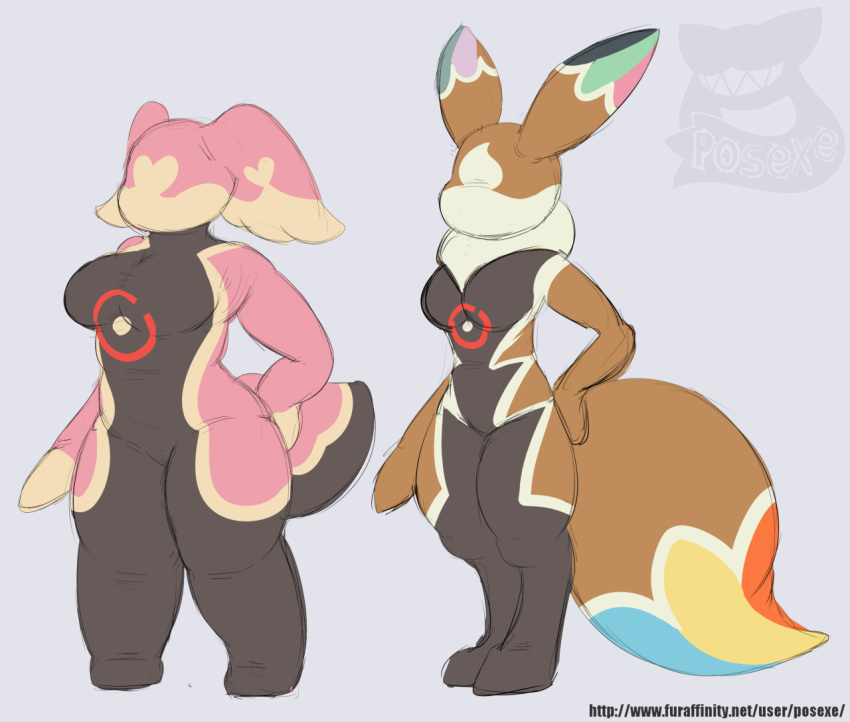 2019 anthro audino big_tail breasts colored curvaceous curvy_figure digitigrade duo eevee faceless female flat_colors hand_on_butt libredrone living_latex long_ears mitten_hands model_sheet nintendo pok&eacute;mon pok&eacute;mon_(species) posexe rubber skin_tight_suit slightly_chubby text url video_games voluptuous