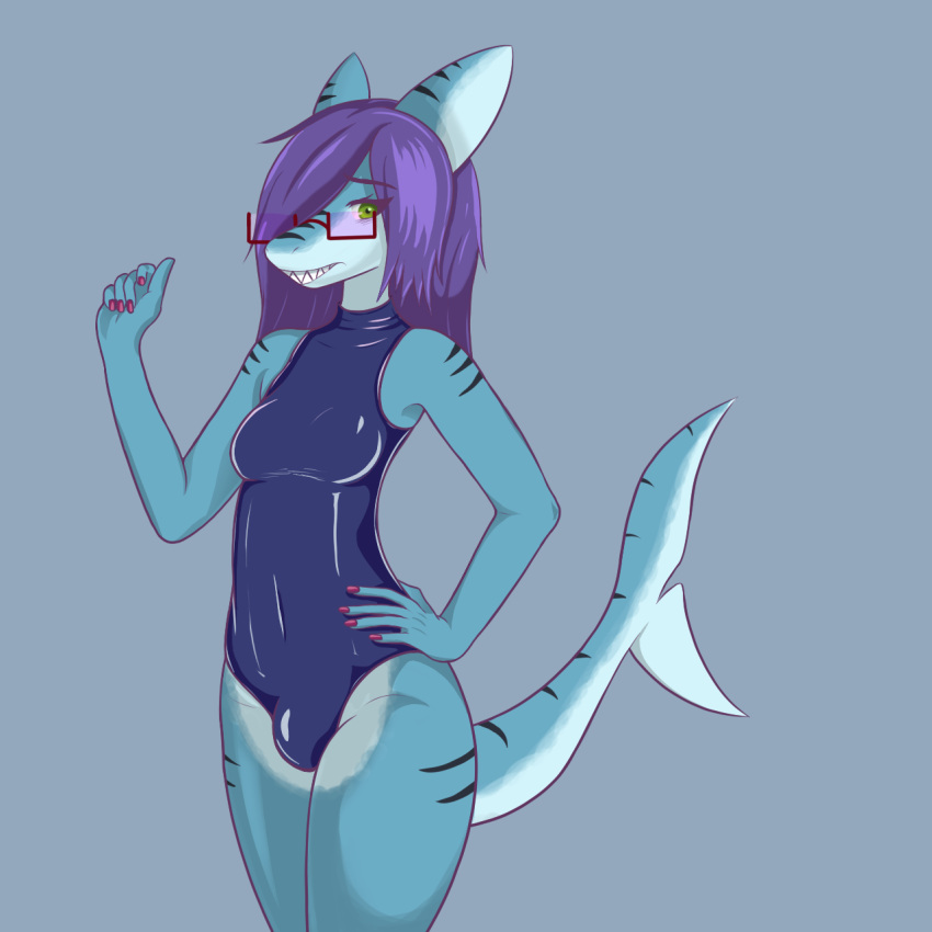 1:1 anthro breasts bulge clothed clothing dutchsyndicalist embarrassed eyewear fish glasses green_eyes hair hi_res leotard looking_aside marine non-mammal_breasts purple_hair red_eyewear red_glasses requiem_shark rubber shark shy simple_background small_breasts smile solo stripes thick_thighs tiger_shark tight_clothing trans_(lore) trans_woman_(lore)