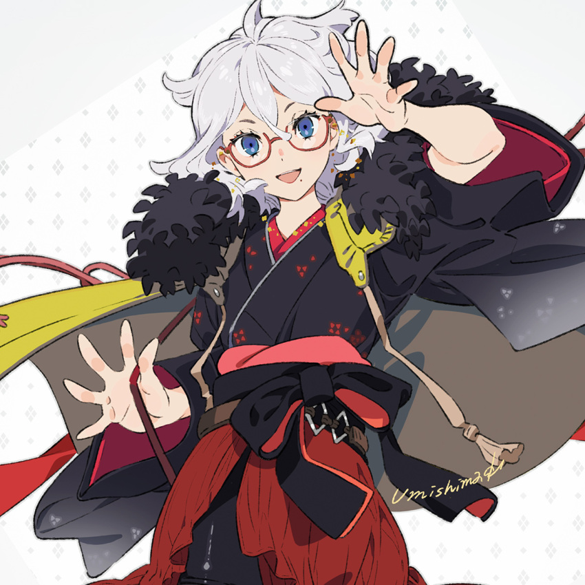 1girl black_kimono blue_eyes cropped glasses gradient gradient_clothes grey_hair hair_between_eyes highres japanese_clothes kimono long_sleeves medium_hair mole mole_under_mouth open_mouth original red-framed_eyewear smile solo teeth umishima_senbon wide_sleeves