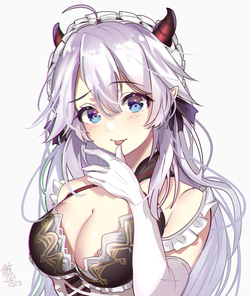 1girl blue_eyes breasts cleavage demon_girl demon_horns elbow_gloves finger_licking gloves hair_between_eyes highres hisao_0111 horns indie_virtual_youtuber licking light_blush long_hair maid_headdress medium_breasts pointy_ears solo vei_(vtuber) virtual_youtuber white_background white_gloves