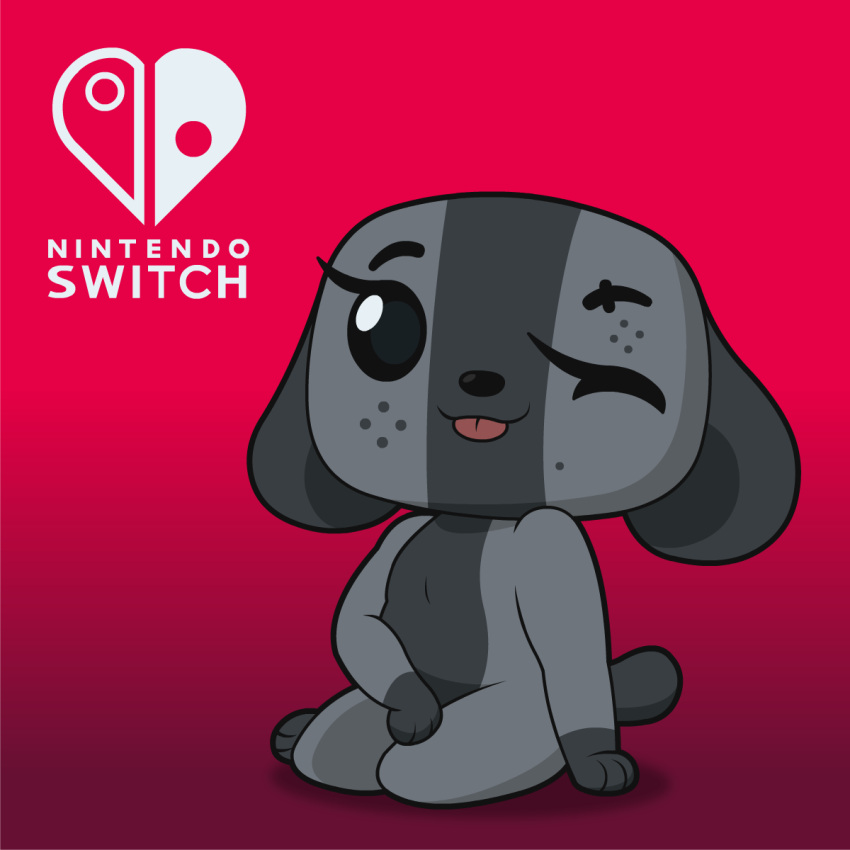 &lt;3 1:1 animate_inanimate anthro canid female grey_body hi_res looking_at_viewer mammal nintendo nintendo_switch nude one_eye_closed red_background short_stack simple_background sitting smile solo switch_dog thisnameistaken tongue tongue_out video_games wink