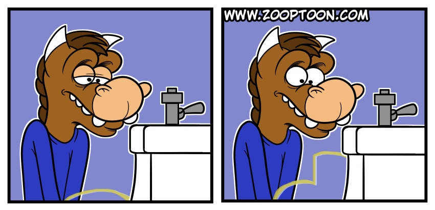 absurd_res anthro asinus brown_body brown_fur comic democrat_donkey donkey equid equine fur hi_res male mammal peeing simple_background solo toilet toony urinal webcomic zooptoon