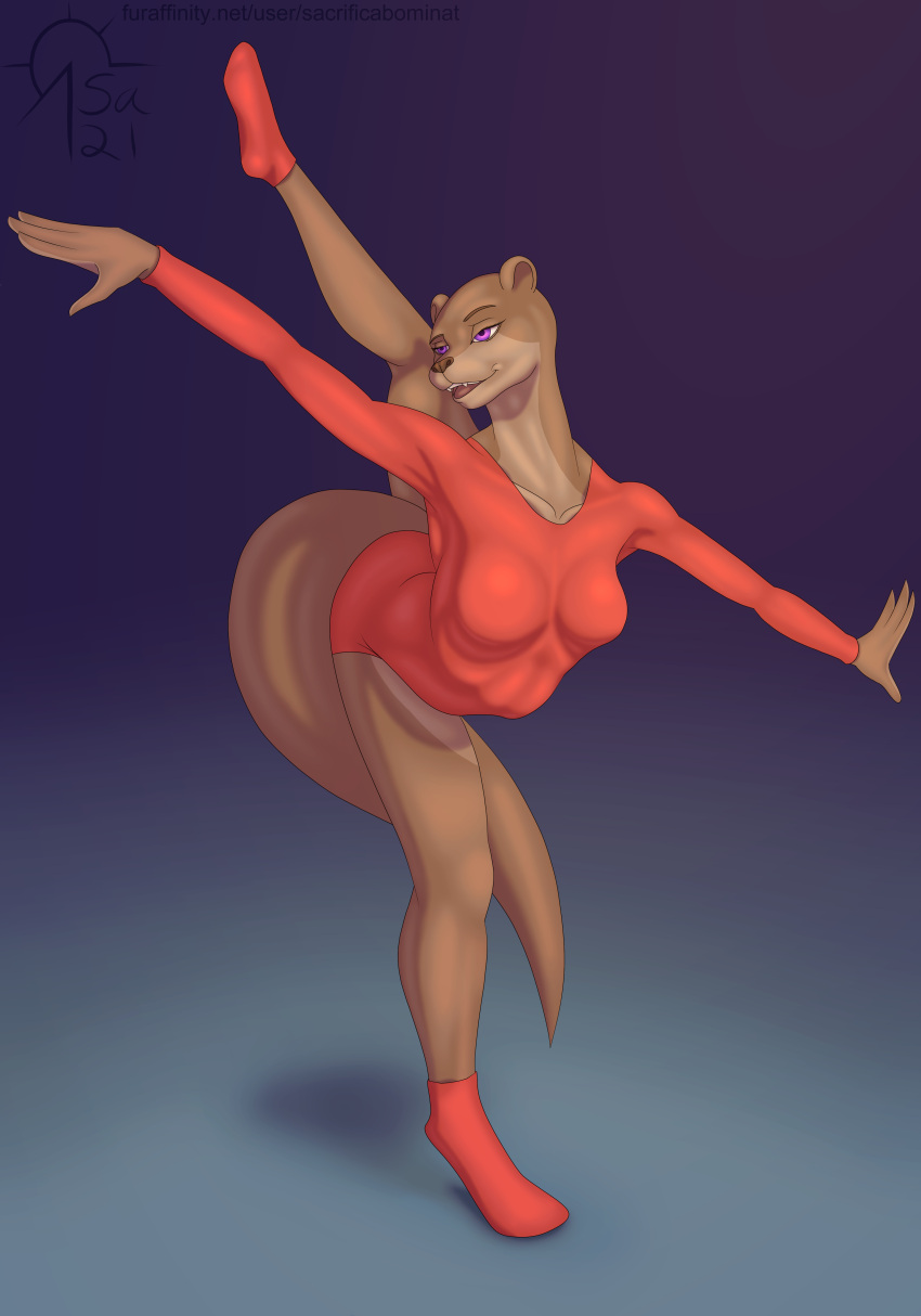 absurd_res animalympics anthro balancing breasts clothing dance_shoes dancewear female flexible footwear gymnastics hi_res leotard lutrine mammal mustelid plantigrade purple_eyes raised_leg sacrificabominat shoes solo tatiana_tuschenko