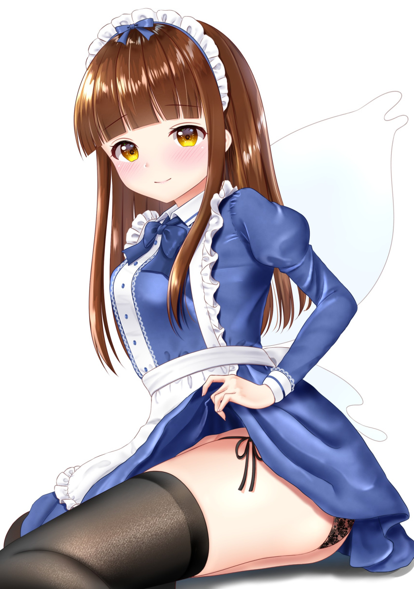 1girl absurdres alternate_costume apron ass bangs black_legwear black_panties blue_dress blue_neckwear blunt_bangs blush bow bowtie breasts brown_hair butt_crack commentary_request dress enmaided eyebrows_visible_through_hair fairy_wings highres juliet_sleeves lace lace_panties lifted_by_self long_hair long_sleeves looking_at_viewer maid maid_headdress nyanyanoruru panties partial_commentary puffy_sleeves shiny shiny_hair side-tie_panties sidelocks simple_background sitting skirt skirt_lift small_breasts smile solo star_sapphire thighhighs touhou underwear very_long_hair waist_apron white_background wings yellow_eyes yokozuwari