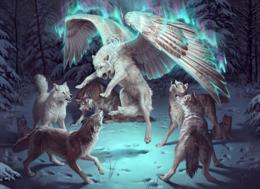 2021 ambiguous_gender canid canine canis caraid caraidart detailed_background digital_media_(artwork) feathered_wings feathers feral forest fur group hybrid mammal night open_mouth outside plant snow teeth tongue tree white_body white_feathers white_fur wings wolf