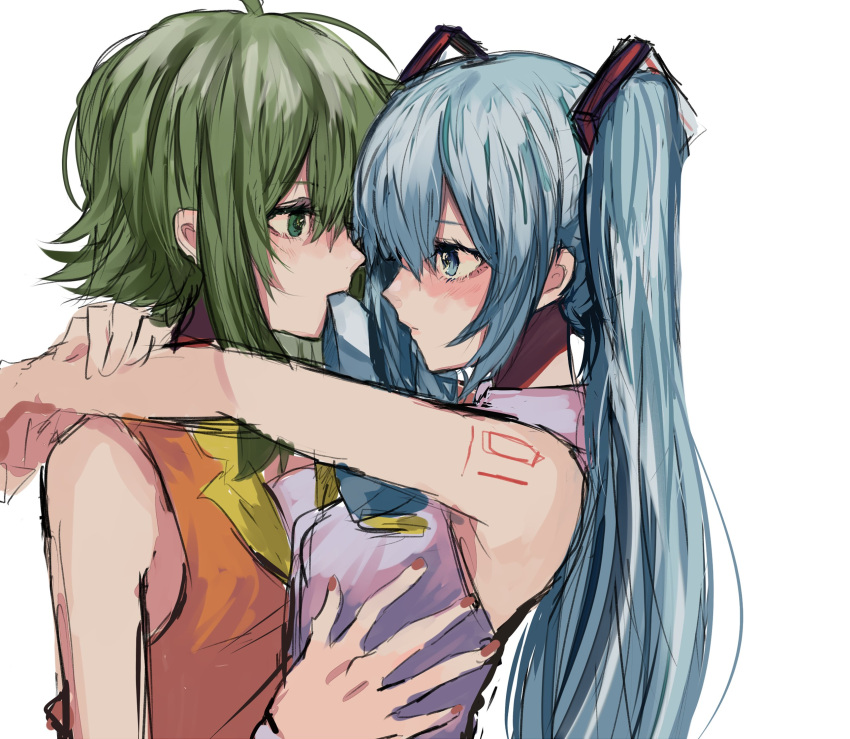 2girls aqua_eyes aqua_hair aqua_neckwear arms_around_neck bare_shoulders commentary gomiyama green_eyes green_hair grey_shirt gumi hair_ornament hand_on_another's_chest hatsune_miku highres long_hair looking_at_another mouth_hold multiple_girls necktie necktie_in_mouth orange_shirt shirt shoulder_tattoo sketch sleeveless sleeveless_shirt tattoo twintails upper_body very_long_hair vocaloid white_background yuri