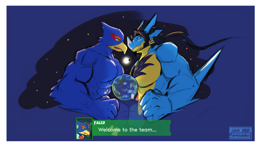 arexu arexualex avian bird blue_body border clothed clothing dragon duo falco_lombardi fist_bump gesture giga hi_res macro male nintendo planet space star_fox text topless video_games white_border