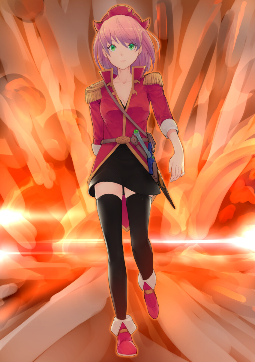 1girl belt black_legwear breasts cannoneer chienon explosion final_fantasy final_fantasy_v green_eyes hat highres lenna_charlotte_tycoon miniskirt pink_hair pirate_hat shoes short_hair skirt solo sword thighhighs v-neck weapon zettai_ryouiki