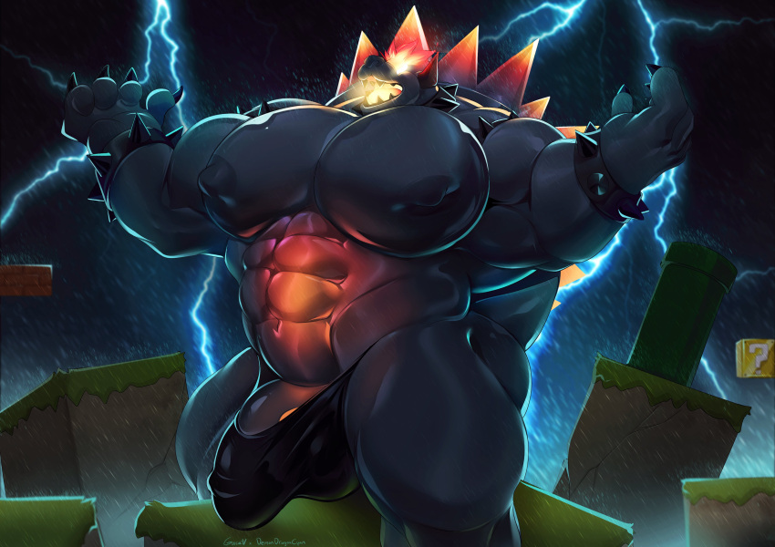 abs absurd_res anthro biceps black_body black_skin bowser bracelet claws clothing collar demondragoncyan fury_bowser gasaiv genitals hi_res horn jewelry koopa male mammal mario_bros muscular muscular_anthro muscular_male nintendo nipples pecs penis scalie shell solo spiked_bracelet spiked_collar spikes super_mario_3d_world thunder underwear video_games